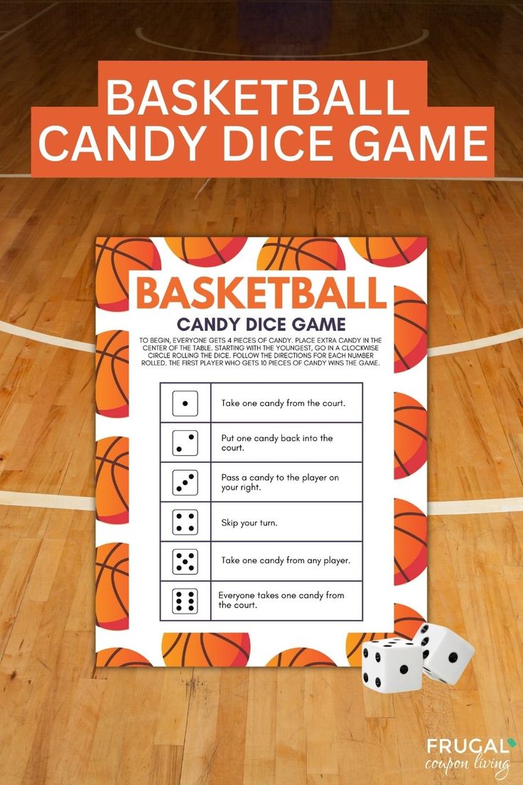 a basketball game with dices on the floor and an orange sign that says candy dice game