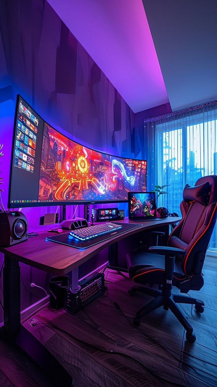 Modern gaming setup with LED lights, high-resolution monitors, premium speakers, and a comfortable gaming chair for immersive gameplay. Best Pc Gaming Setup, Gaming Bedroom Ideas, Ultimate Gaming Setup, Game Room Ideas, Small Game Rooms, Mens Bedroom Decor, Best Gaming Setup, Pc Gaming Setup, Video Game Room Design