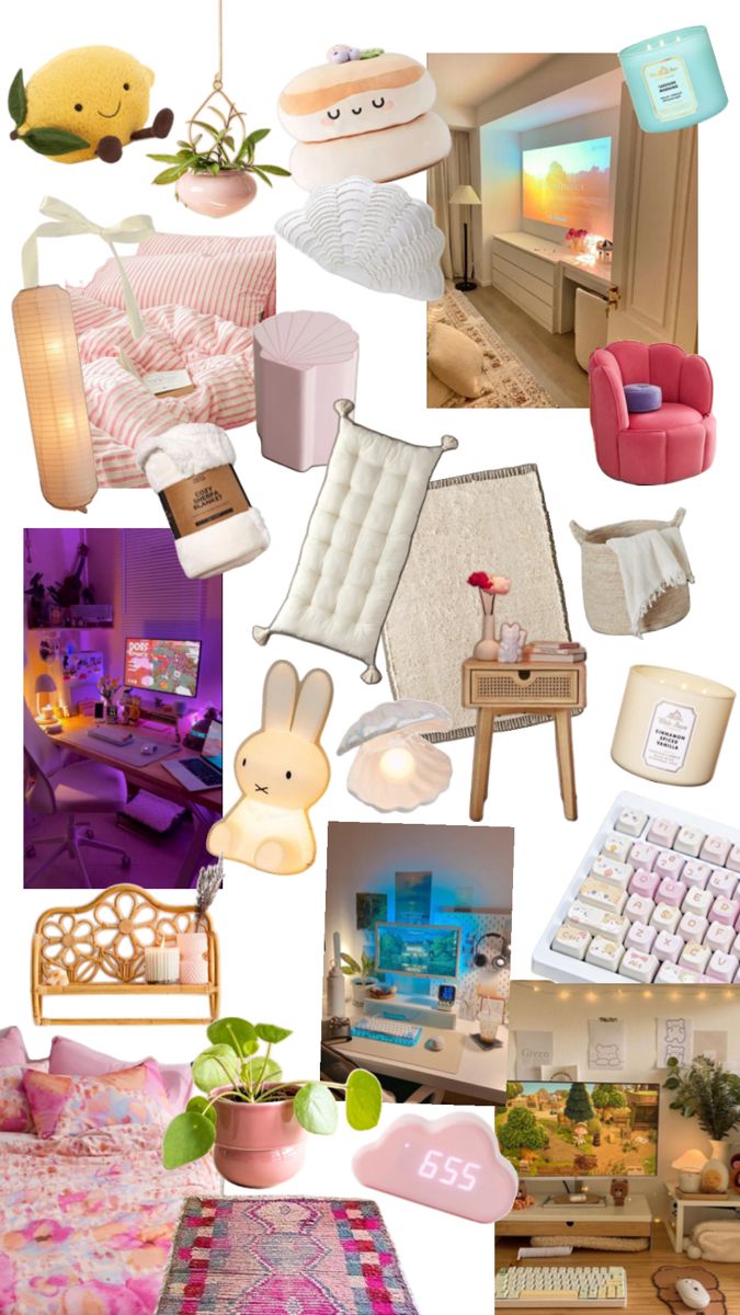 a collage of photos with different furniture and decor items in pink, blue, yellow and white