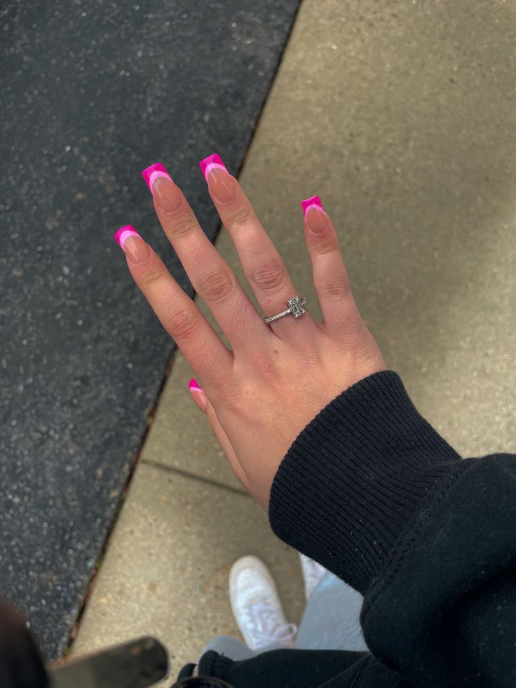 Square Acrylic Nails Designs French Tips, Basic Short Pink Nails, Pink Nail Inspo Acrylic Coffin, Acrylic Nails Inspiration Square, Barbie Biab Nails, Pink French Tip Acrylic Nails Coffin, Square French Tip Acrylic Nails Colorful, Nails To Go With Pink Prom Dress, Square Barbie Pink Nails