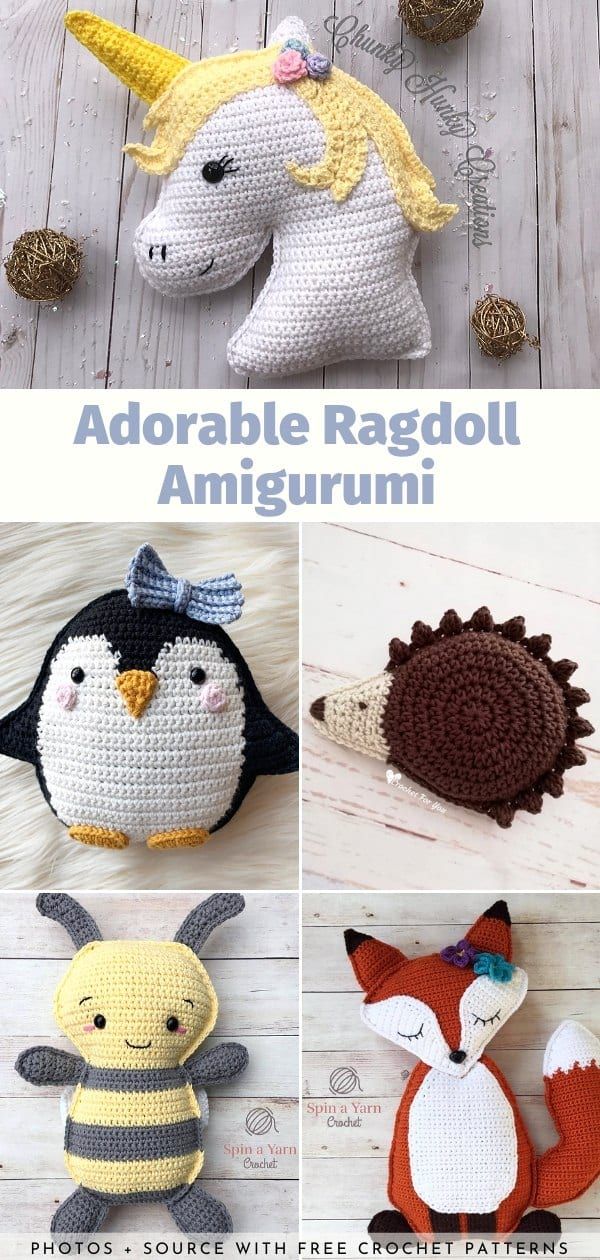 crocheted stuffed animals are shown with text that reads adorable rag doll amigurmi