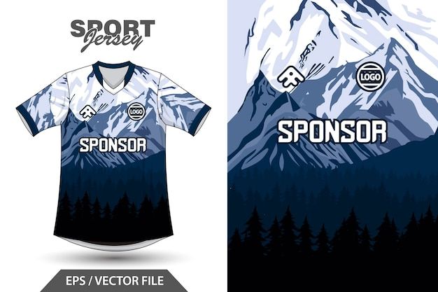 the front and back of a soccer jersey with mountains in the background, eps file