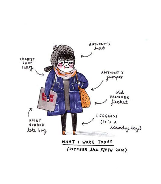 an illustrated drawing of a woman wearing glasses and holding a bag with words on it