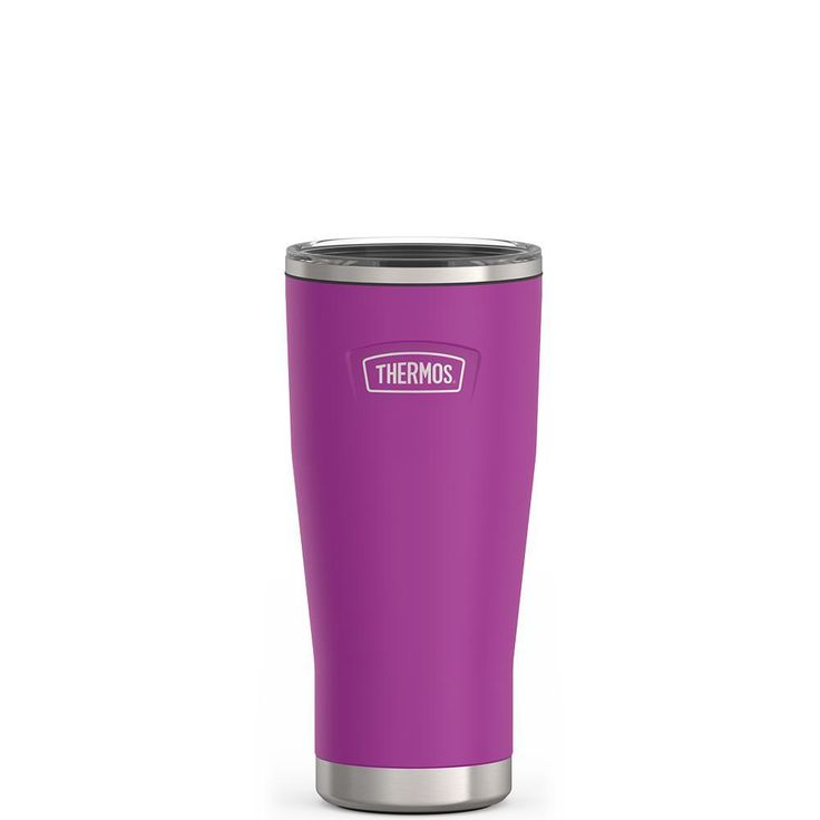 thermos stainless steel tumbler with purple lid is shown on a white background