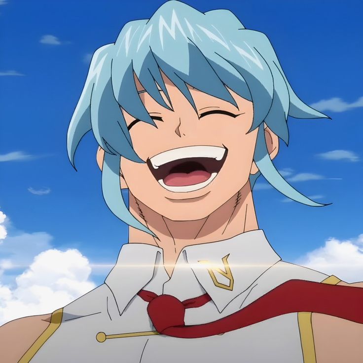 an anime character with blue hair smiling and wearing a red tie in front of the sky