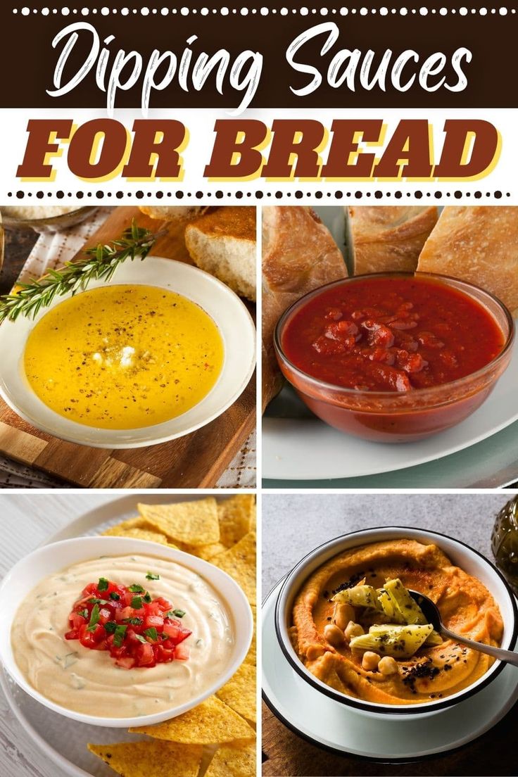 different types of dipping sauces for bread in bowls, with text overlay that reads dipping sauces for bread