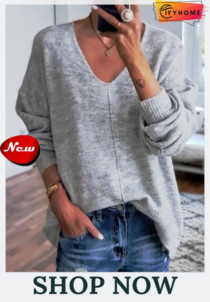 Solid Long Sleeve V-neck Knitted Top V Top Outfit, Splicing Sweater, Unique Women Tops, V Top, Bohemian Blouses, Top Outfit, Comfortable Style, Drop Shoulder Sweaters, Outfit Winter