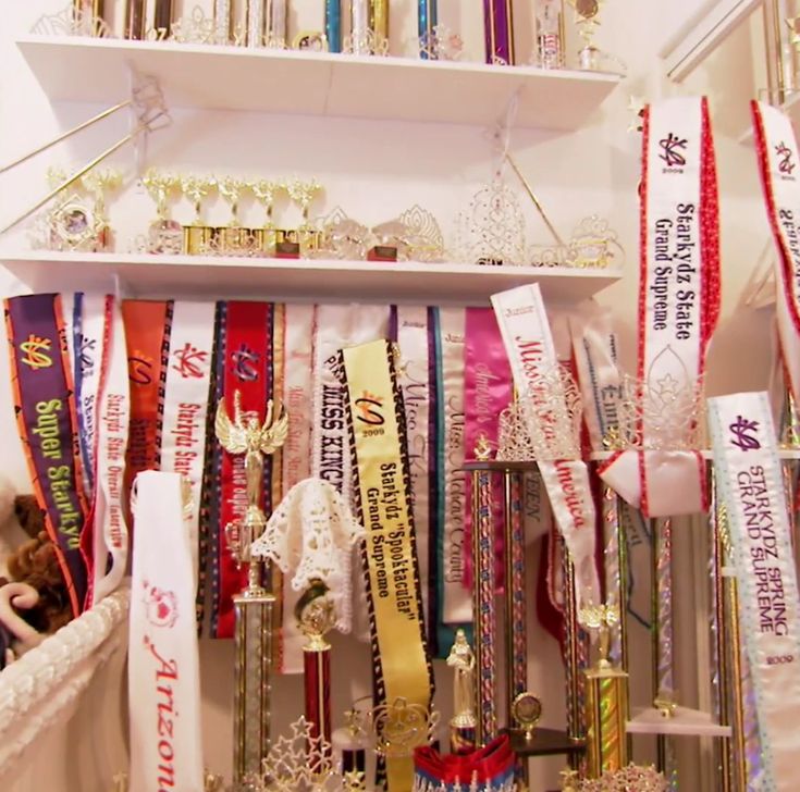 many ribbons are hanging on the wall in front of a shelf with trophies and other items