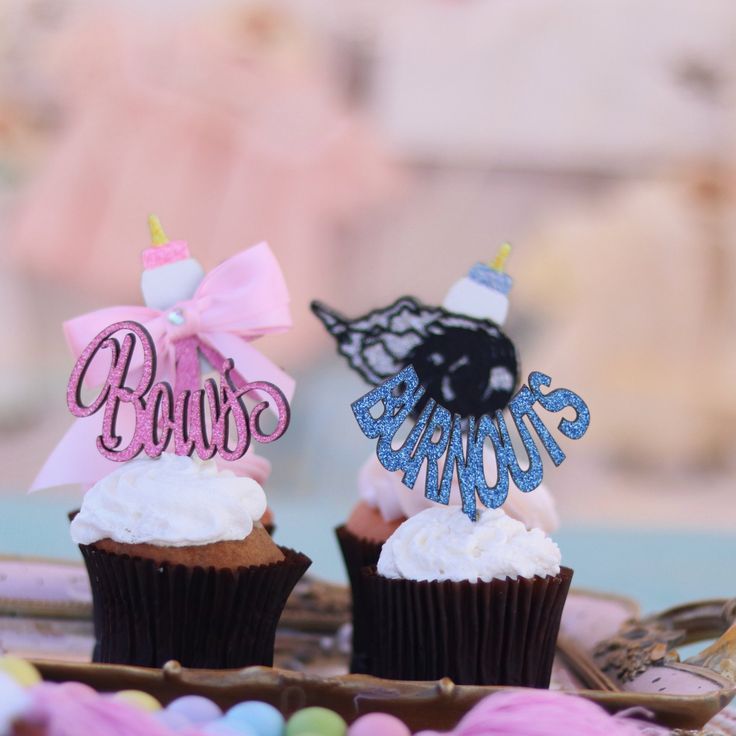 two decorated cupcakes sitting on top of a tray