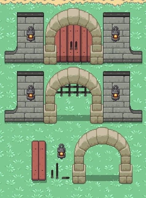 an image of a set of pixel style doors and gates in different stages of construction