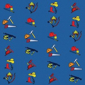 a blue background with various types of firefighter's hats and tools on it