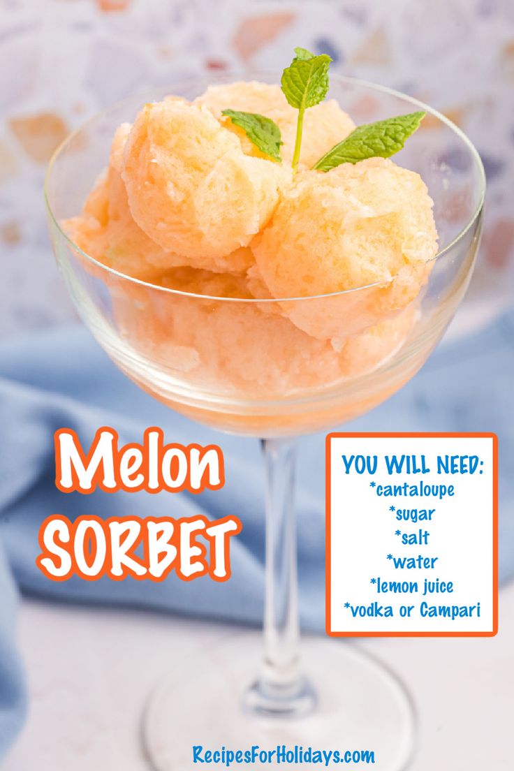 an advertisement for melon sorbet is displayed in a glass bowl on a table