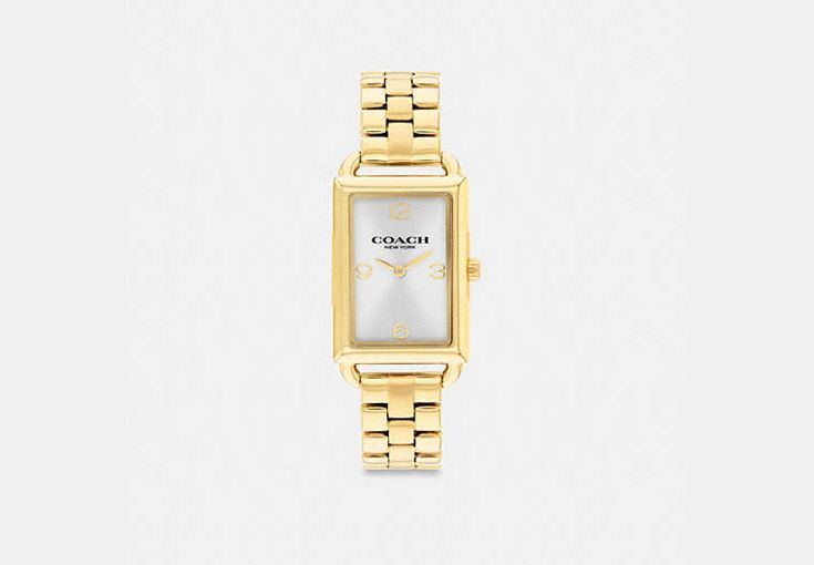 Gold tone case and bracelet Approx. case diameter: 30mm x 22mm Mineral crystal Quartz movement Deployment closure Water-resistant to 99 feet Style No. CS622 Coach Gold Watch, Coach Liz Watch, Coach Watch, 2024 Wishlist, Buy List, Modern Accessories, Dope Jewelry, Coach Outlet, Jewelry Lookbook