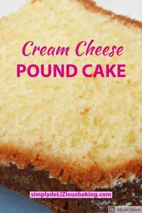 a close up of a piece of cake with the words cream cheese pound cake on it