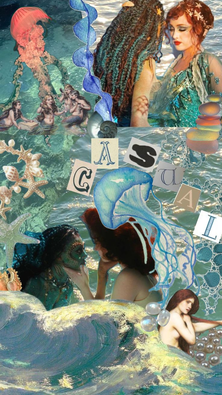 the collage shows mermaids and sea creatures in water