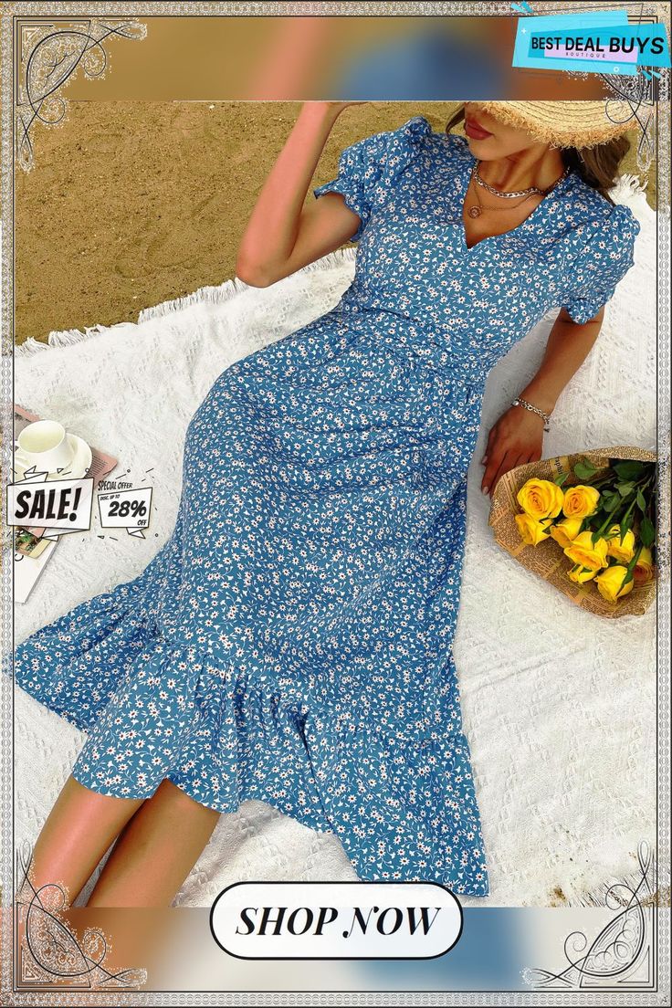 Juanita Midi Dress - Blue Print Blue A-line Maxi Dress For Summer, Blue Floral Print V-neck Dress, Light Blue Mid-length Summer Dress, Light Blue Fitted Dress With Ruffle Hem, Light Blue Short Sleeve Vacation Dress, Blue A-line Spring Dress, Light Blue Short Sleeve Dress For Vacation, Light Blue Fitted Maxi Dress For Beach, Blue A-line Dress For Spring