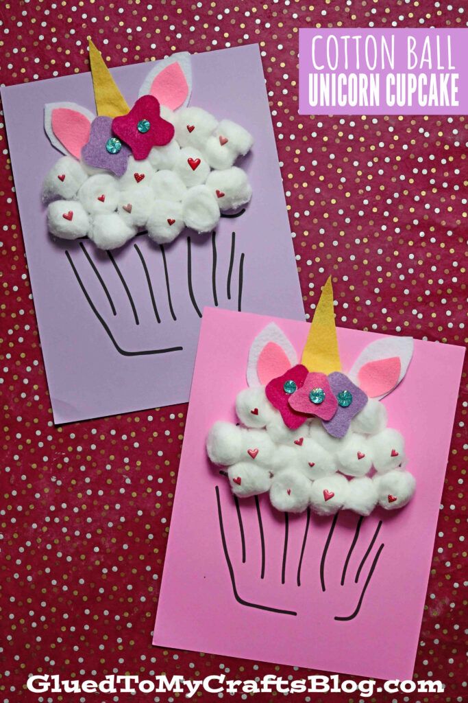 two unicorn cupcakes made out of cotton balls and paper with the words cotton ball unicorn cupcake on them