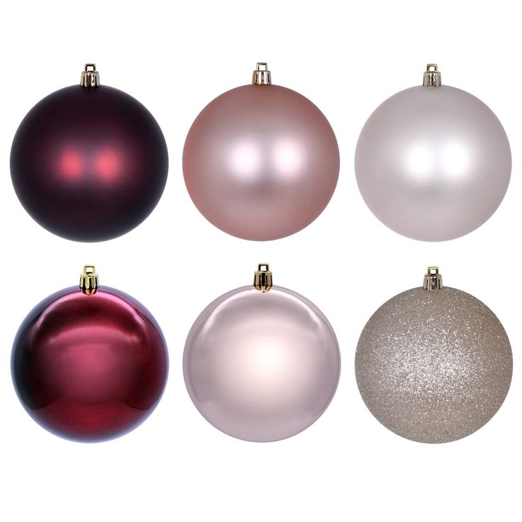 six different colored christmas ornaments on a white background