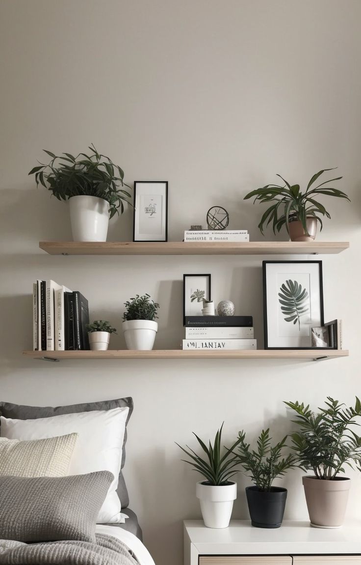 two shelves with plants and books on them in the corner of a bedroom, next to a bed