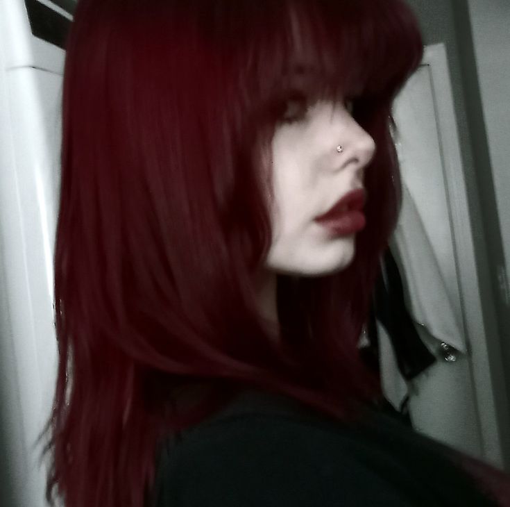 #hair #redhair #red #alt #bangs #layers #emo Dark Red Alt Hair, Red Pink Black Hair, Dark Red Emo Hair, Dark Red Hair And Green Eyes, Red Hair With Bangs Aesthetic, Haircuts For Long Red Hair, Red Hair In A Ponytail, Long Maroon Hair, Red Hair Dark Highlights