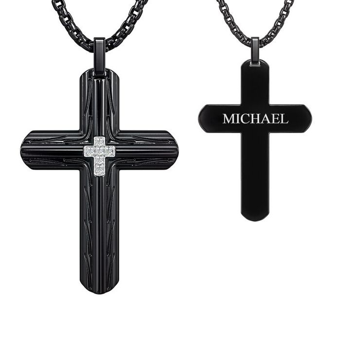 A personalized reminder of your faith…A sleek and stylish men’s cross pendant coated in bold black ion-plating.Six glistening diamonds are set into the cross’s center, uniquely forming a second cross design.Your name is engraved on the reverse of the pendant. Personalized Black Cross Pendant Necklace, Ice Diamond, Diamond Ice, Black Ice, Danbury Mint, Diamond Cross Pendants, Diamond Cross, Cross Design, Cross Designs