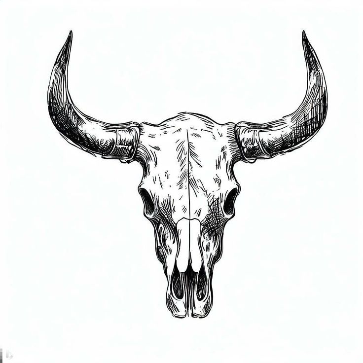 a drawing of a bull's skull with long horns