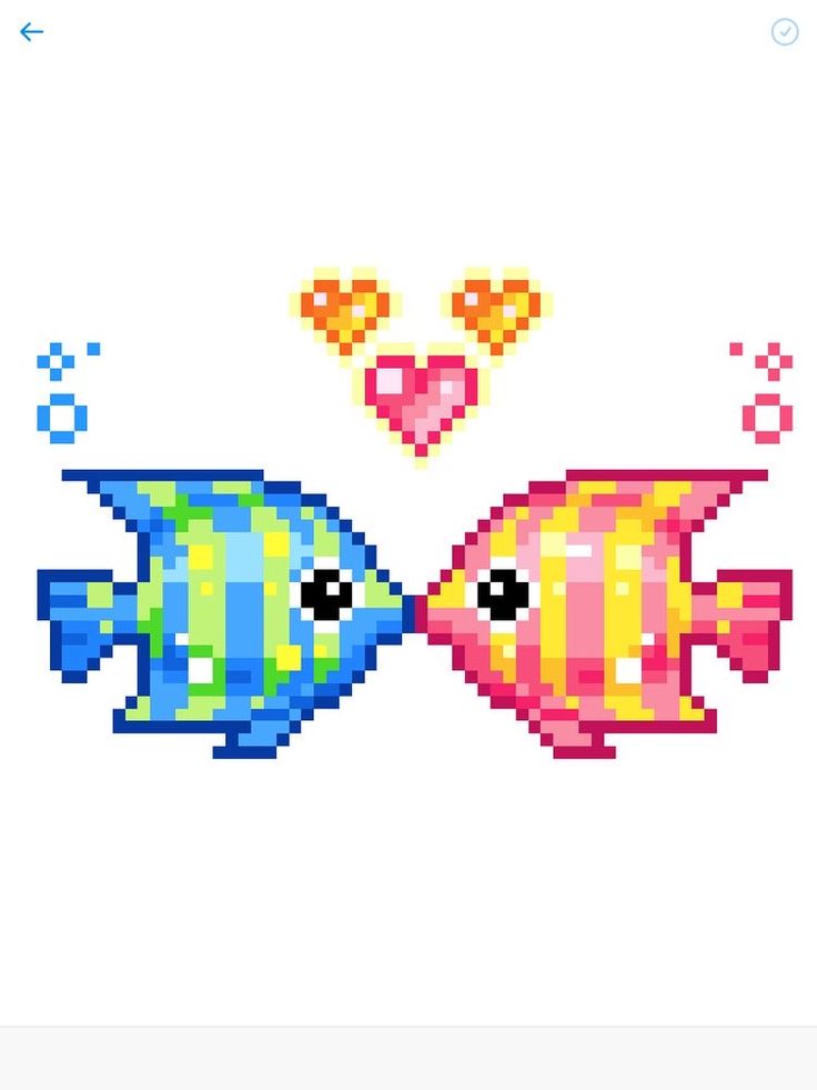 two pixelated fish kissing each other on a white background