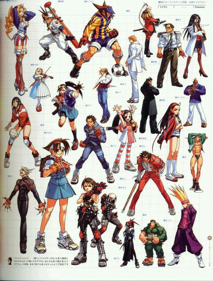 an image of anime characters in various poses and outfits, all with different hair colors