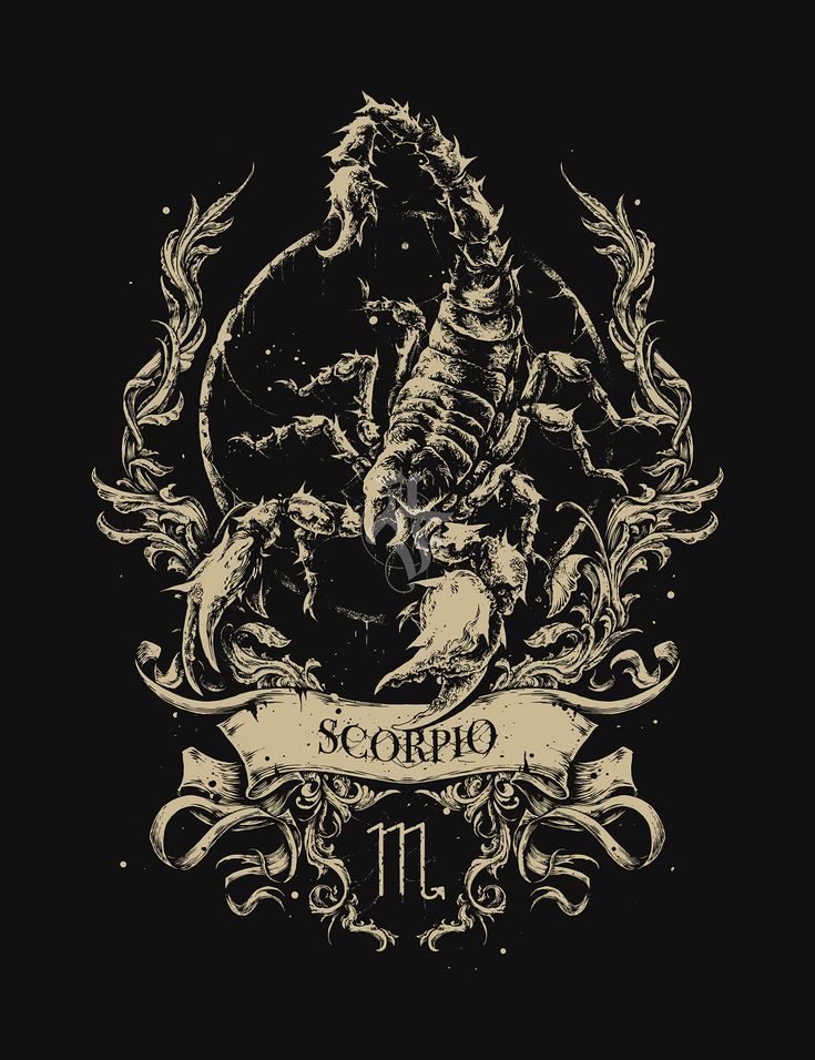 the scorpio logo on a black background with an ornate frame and scroll around it