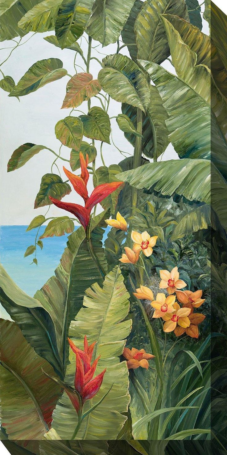 a painting of tropical plants and flowers in the foreground with an ocean in the background