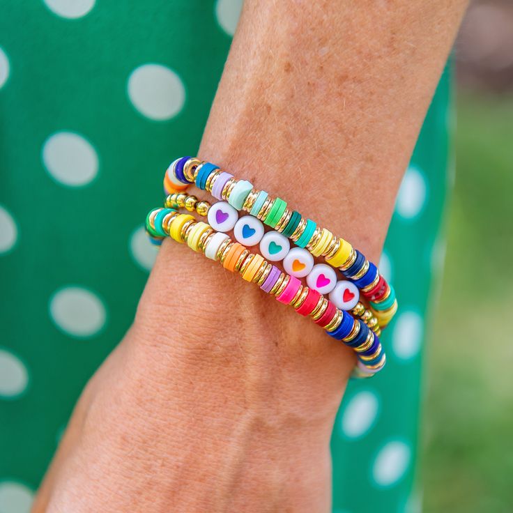 Multicolor Beaded Bracelets For Spring Vacation, Bold Adjustable Bracelets As Gift, Colorful Summer Jewelry For Everyday, Vibrant Adjustable Rainbow Bracelets, Adjustable Rainbow Beaded Bracelets For Spring, Adjustable Rainbow Beaded Bracelet For Spring, Multicolor Friendship Bracelets For Spring Vacation, Vibrant Rainbow Jewelry For Beach, Spring Multicolor Friendship Bracelets With Letter Beads