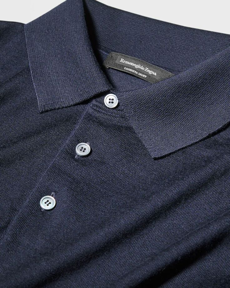 Zegna Navy Cashseta Light Polo Spread collar Three button polo Long sleeve Ribbed trims Regular fit 70% cashmere, 30% silk Made in Italy Knitted Polo Shirt, Knitted Polo, Polo Long Sleeve, Silk Knit, Knit Polo, Ermenegildo Zegna, Polo Collar, Couture Fashion, Summer Collection