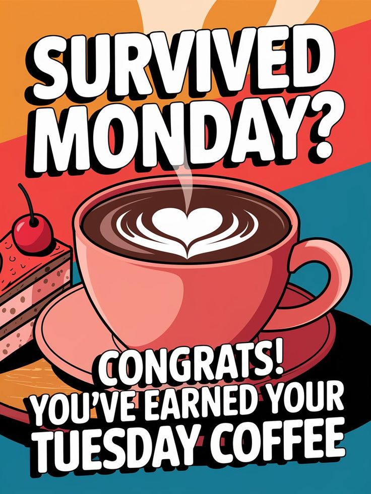 a cup of coffee with a piece of cake on the side and text that reads, survived monday? congrats you've learned your tuesday coffee