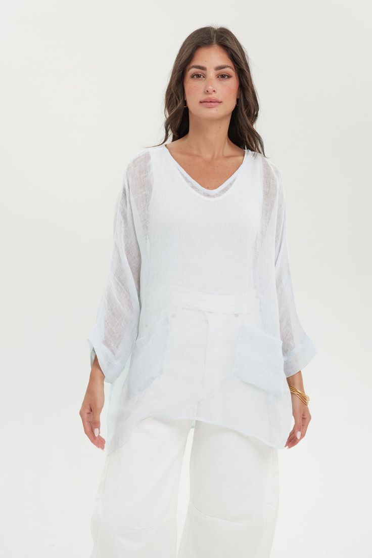 Weekend Mesh Linen Tee – BECASA Summer V-neck Top With Pockets, V-neck Tops With Pockets For Vacation, Breezy Relaxed Fit V-neck Tops, White Beach Tops With Pockets, Breezy V-neck Tops With Relaxed Fit, Breezy Relaxed Fit Top For Loungewear, Breezy Tops With Relaxed Fit For Loungewear, White Tops With Pockets For Vacation, Breezy Relaxed Fit Vacation Tops