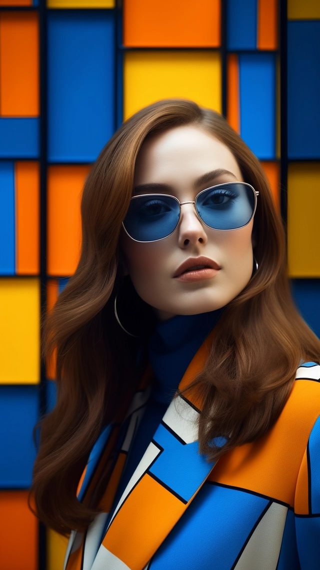 a woman wearing sunglasses standing in front of a colorful wall with orange, blue and white squares