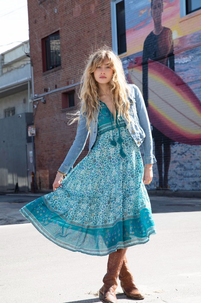 Bohemian Cotton V-neck Dresses, Green Floral Print Hippie Maxi Dress, Casual Flowy Turquoise Dress, Casual Green Cotton Maxi Dress, Casual Turquoise Floral Print Maxi Dress, Spring Turquoise Flowy Maxi Dress, Green Floral Print Boho Hippie Dress, Green Sundress For Casual Occasions, Casual Turquoise Maxi Dress With Floral Print