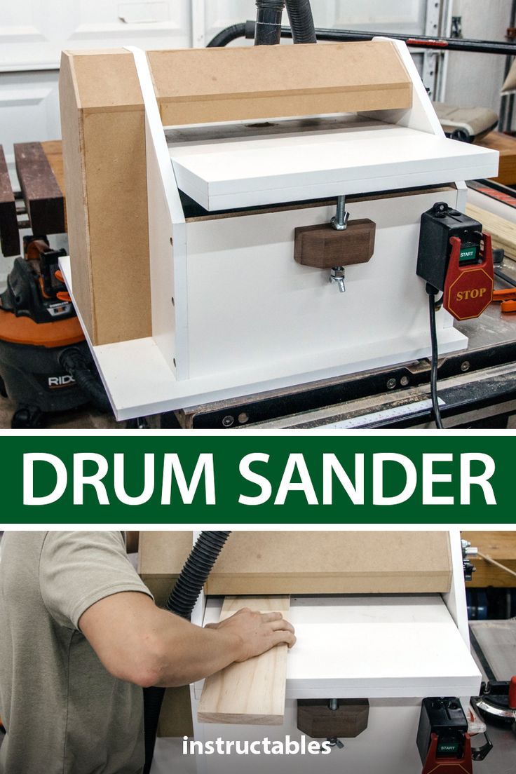 an image of a man working on a project with the words drum sander in front of him