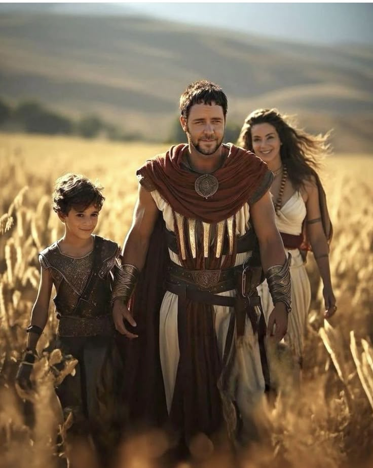 a man and two children dressed up in roman costumes walking through a field with wheat