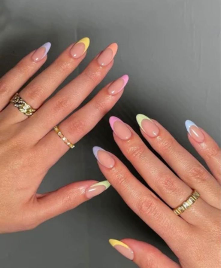 Spring Nails French Tip Pastel Almond, Pastel Nails Multicolor, Pastel Nails Inspo Aesthetic, Pastel Summer Nails Almond, Almond Nails Pastel Tips, Pastel Coloured French Tips, Easter Pastel French Tip Nails, Multicolor French Tip Nails Pastel, Almond Nails Colorful Tips