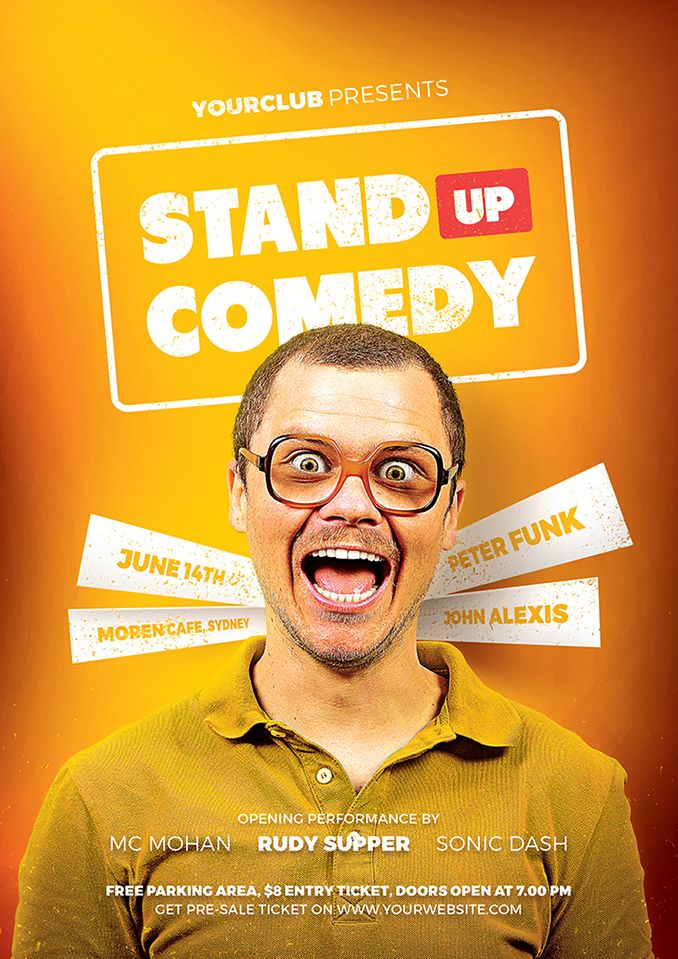 a man with glasses making a funny face in front of a stand up comedy sign