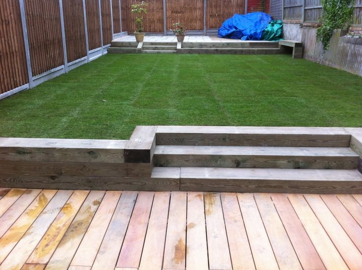 a backyard with wooden steps and grass