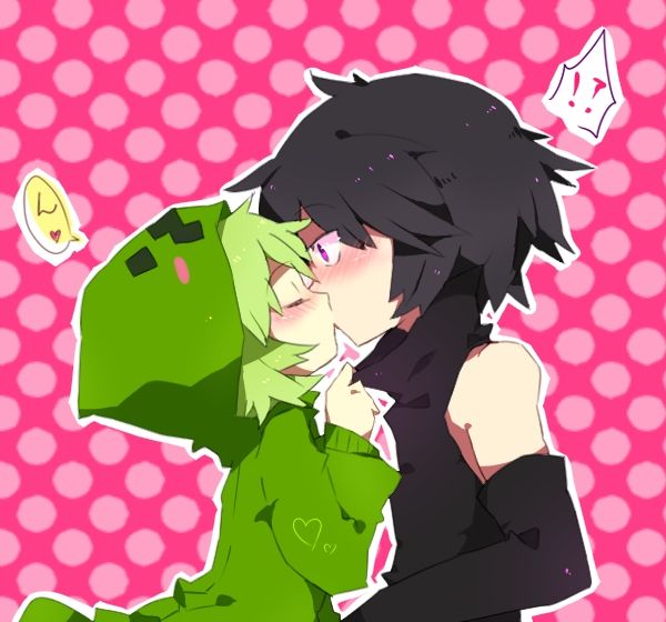 an anime character with black hair and green eyes hugging another character in pink polka dot background