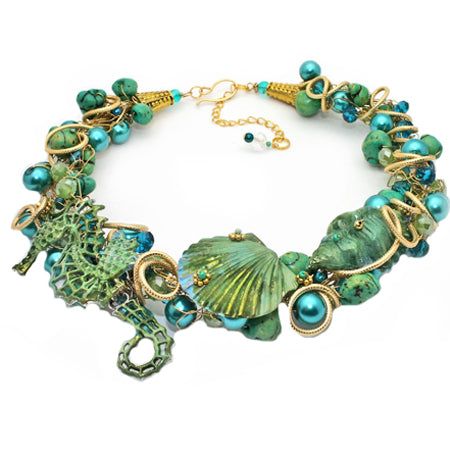 Sea Life Statement necklace - Nurit Niskala Hand Painted Gold Metal Jewelry, Hand Painted Gold Jewelry Wearable Art, Artistic Beaded Gold Jewelry, Hand Painted Turquoise Elegant Jewelry, Gold Whimsical Jewelry With Unique Variations, Artistic Hand Painted Turquoise Jewelry, Artistic Gold Beaded Jewelry, Artistic Hand-painted Turquoise Jewelry, Elegant Hand Painted Turquoise Jewelry