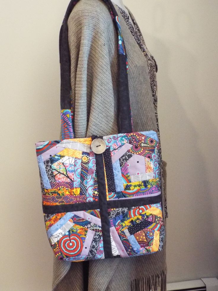 This cute bag measures 13 inches high and 12 inches wide. It is lined and with a woven cotton fabric and and it has a layer of batting hidden inside. There is a 5 1/2 by 8 inch zippered pocket on the inside.  It closes at the top with a button and loop. The front is a very colorful crazy quilt design and the back is charcoal black. My home is smoke and pet free. Thanks so much for browsing LuvLynda Any questions about this cute bag? Please don't hesitate to ask. Multicolor Cotton Shoulder Bag With Zipper Pocket, Multicolor Fabric Bags With Pockets, Rectangular Cotton Bag With Cell Phone Pocket, Rectangular Cotton Bags With Cell Phone Pocket, Everyday Fabric Bags With Zipper Pouch, Multicolor Cotton Bag With Zipper Closure, Multicolor Fabric Bags With Zipper Closure, Fabric Shoulder Bag With Zipper Pocket For Travel, Fabric Shoulder Bag With Zipper Pocket For Daily Use