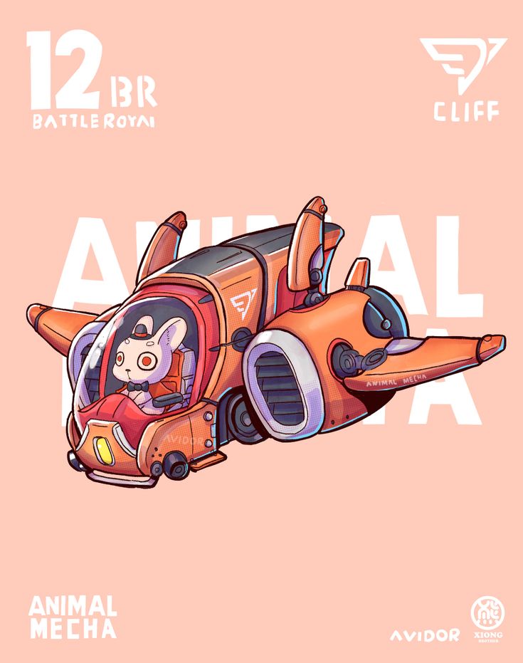 an animal mecha is flying through the air in a small orange plane with a person inside