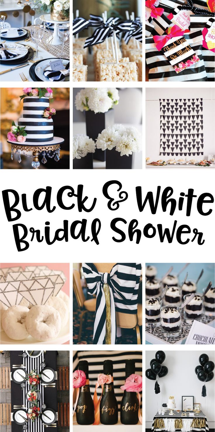 black and white bridal shower collage with text overlay that reads, black and white bridal shower