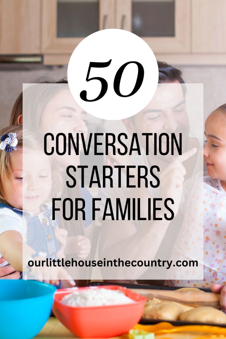 a woman and two children sitting at a table with food on it in front of the words, 50 conversation starter for families