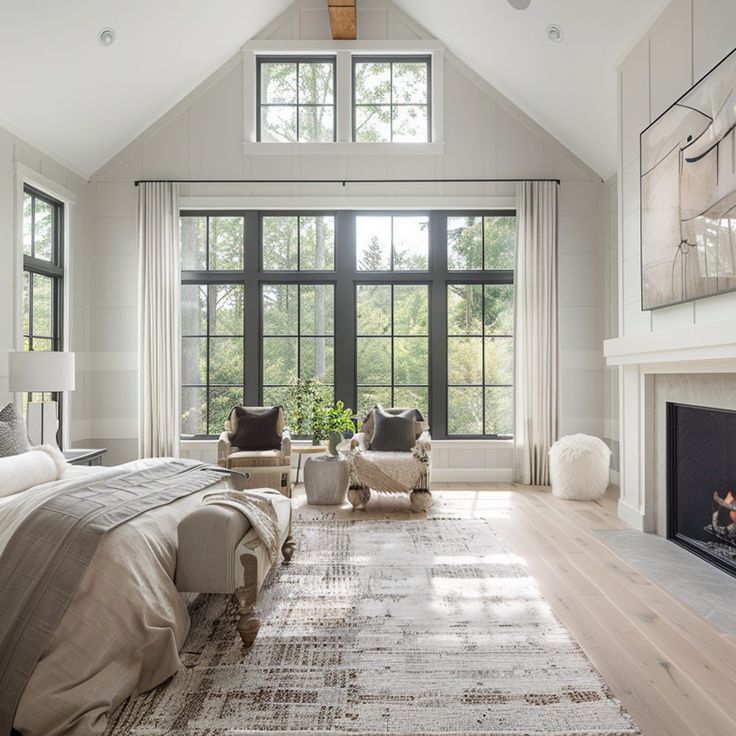 Luxurious Master Bedroom with Fireplace Large Window Design Ideas, Home Renovation Bedroom Master Suite, Luxury Bedroom Master High Ceilings, Primary Bedroom With Fireplace, Add On Master Suite Bedroom, High Windows Bedroom, Large Windows Bedroom, Master With Fireplace, Large Bedroom Ideas Master Suite