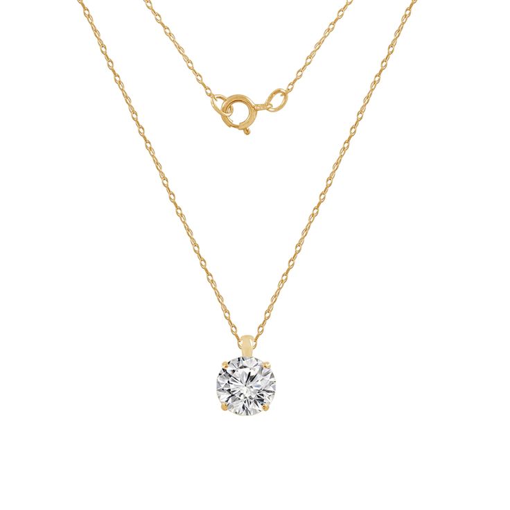 Crafted with 14K solid gold and the most brilliant cut stone, this solitaire necklace exudes a luxurious shine that will last a lifetime. Pair it with our solid gold earrings to complete your look. STONE: Cubic Zirconia METAL: 14K Solid Gold CARAT: From 0.5 carats to 3 carats MEASUREMENT: 18-inch chain with spring ring clasp CODE: JEP26855 Thick Chain Necklace, Solitaire Necklace, Solitaire Pendant Necklace, Round Pendant Necklace, Solid Gold Earrings, Dainty Gold Necklace, Cubic Zirconia Jewelry, Classic Necklace, Halo Pendant