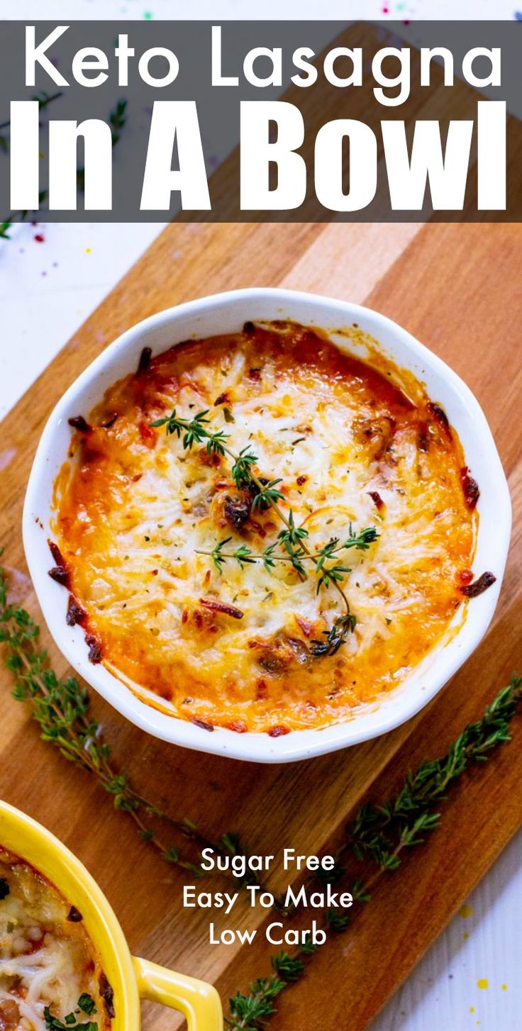 low carb lasagna in a bowl with text overlay that reads low carb lasagna in a bowl